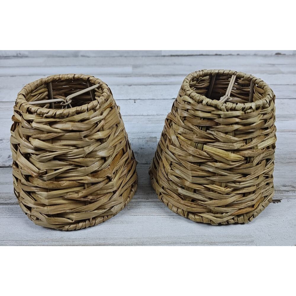 Set Of 2 Woven Rattan Clip On Small Lamp Shades Boho Rustic Cottage 4.5x5 Inch